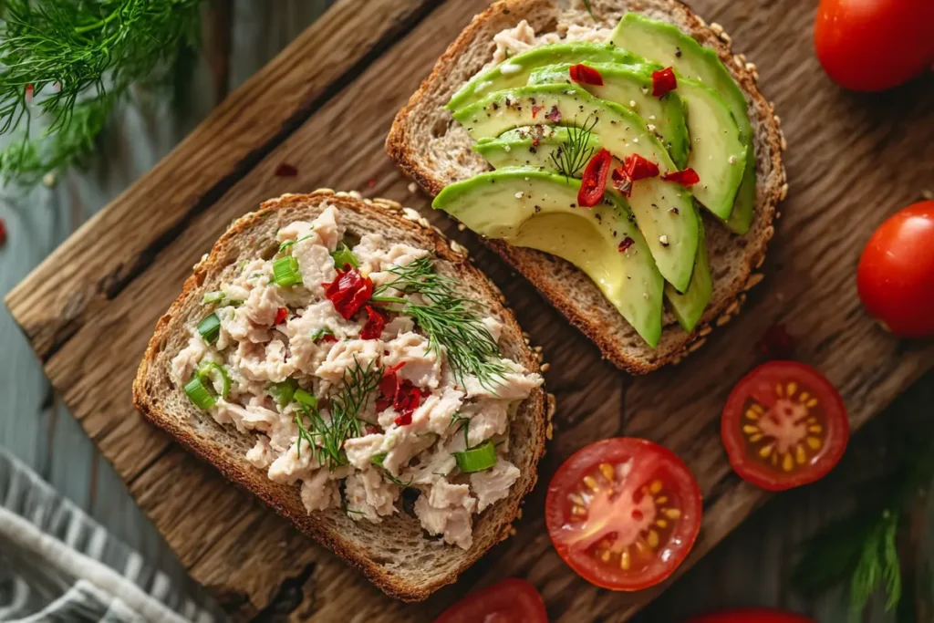  Illustrative image of various toppings for tuna on whole grain toast.